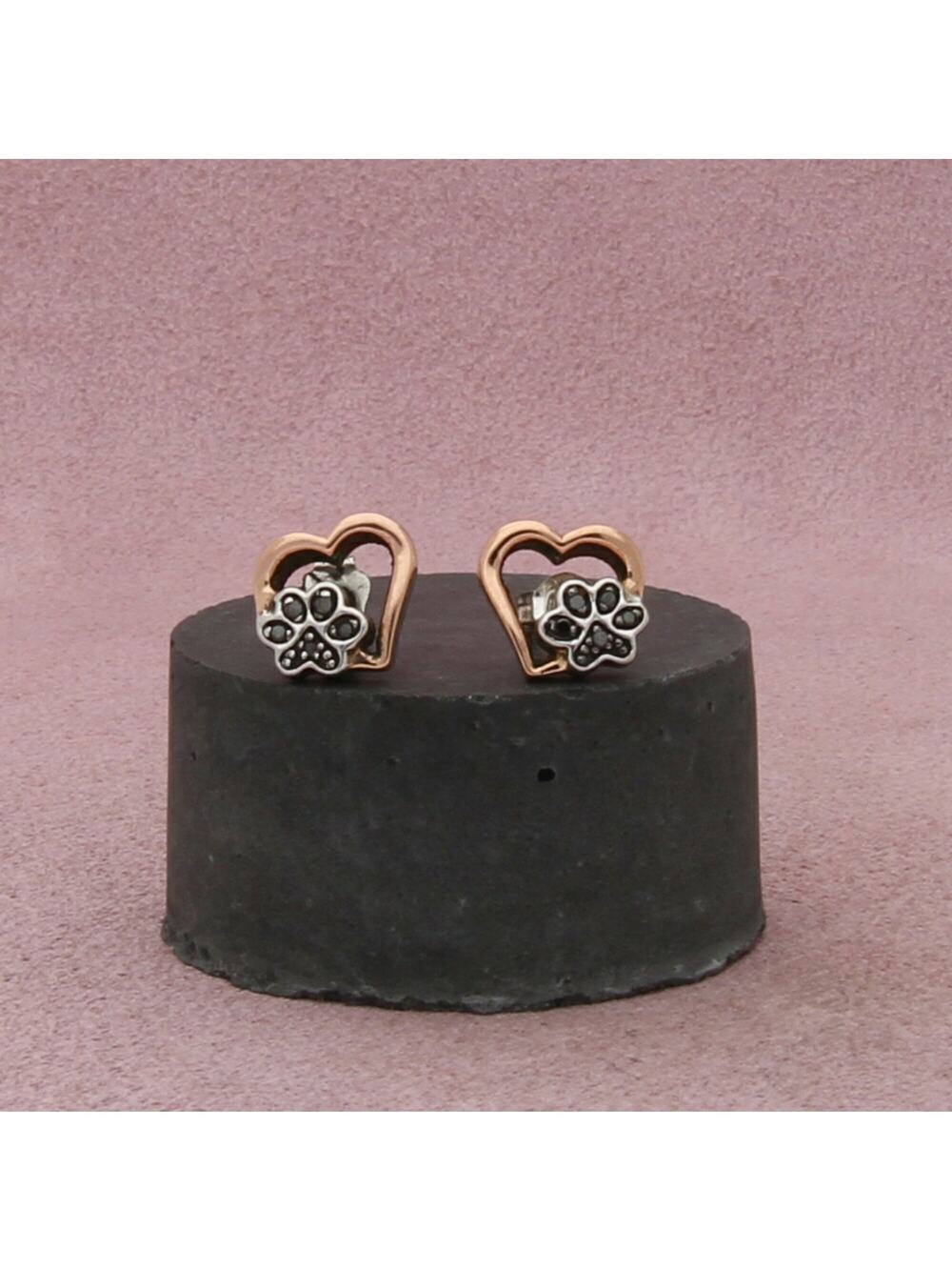 zales sterling silver & 10k gold black diamond dog paw heart stud earrings